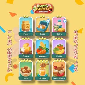 May include: A digital graphic titled Happy Harvest with Looney Tunes displaying nine sticker cards labelled Flour, Eggs, Dairy, Cheese, Veggies, Fruits, Nuts, Honey, and Special Spice. Each card features colourful illustrations of food items on a yellow background.