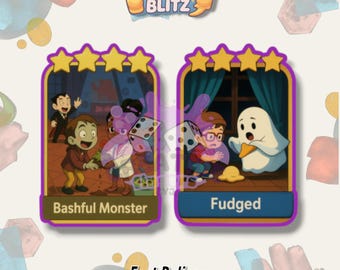 Puede incluir: Dos tarjetas de juego rectangulares con bordes morados y cuatro estrellas amarillas en la parte superior. La tarjeta izquierda muestra una escena de dibujos animados etiquetada como Bashful Monster. La derecha dice Fudged.