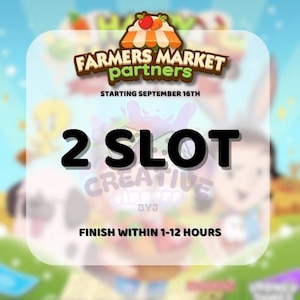 May include: A digital graphic featuring the text Farmers Market Partners, Starting September 16th, 2 Slot, and Finish Within 1-12 Hours. The design includes a stylized fruit and vegetable stand icon at the top and a blurred cartoon background.