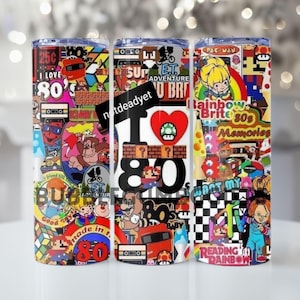 I Love The 80&#39;s Tumbler, Cartoon Character Water Bottle, Mario Rainbow Brite Reading Rainbow