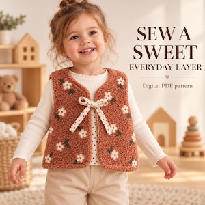 May include: A rust-colored, textured fleece vest featuring an embroidered white floral pattern and a polka-dot ribbon tie closure. The text SEW A SWEET EVERYDAY LAYER Digital PDF pattern is visible on the right side of the image.