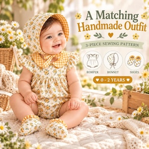 May include: A 3-piece sewing pattern for a matching handmade outfit for ages 0-2 years, featuring a romper, bonnet, and shoes. The set is illustrated with a yellow and white floral print and yellow gingham check fabric accents.