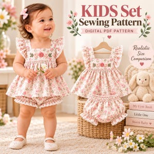 Puede incluir: Un patrón de costura PDF digital para un conjunto infantil que incluye una blusa con estampado floral, mangas con volantes y bombachos a juego. El conjunto presenta ribetes de encaje blanco, bordados florales rosas y un escote cuadrado. Texto: KIDS Set Sewing Pattern, DIGITAL PDF PATTERN, Realistic Size Comparison, My First Book, Little One, Sweet Baby.