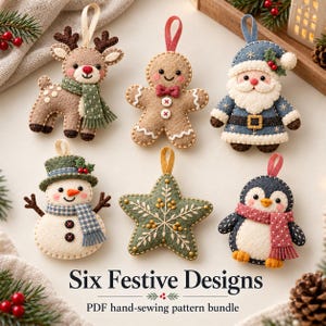 Può includere: Sei decorazioni in feltro a forma di renna, omino di pan di zenzero, Babbo Natale, pupazzo di neve, stella e pinguino. Il testo recita Six Festive Designs PDF hand-sewing pattern bundle. Ogni decorazione ha un occhiello.