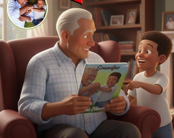 Könnte beinhalten: Eine digitale Illustration von Großvater und Enkel. Der Großvater mit grauem Haar sitzt in einem roten Sessel und hält ein Buch mit dem Titel "Grandpa". Der Enkel, in einem weißen Hemd, zeigt auf das Buch. Ein kleineres Bild befindet sich oben links.