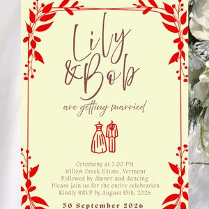 Op de afbeelding: Trouwkaart met een crèmekleurige achtergrond en een rode bloemenrand. De tekst luidt "Lily & Bob gaan trouwen" in een scriptlettertype. Extra tekst bevat ceremoniedetails en de datum 30 september 2026.