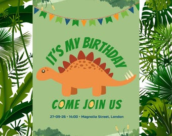 Bearbeitbare Dinosaurier-Geburtstagseinladung | Kindergeburtstagskarte | Digitaler Download | Canva-Vorlage | Druckbare Dino-Geburtstagseinladung