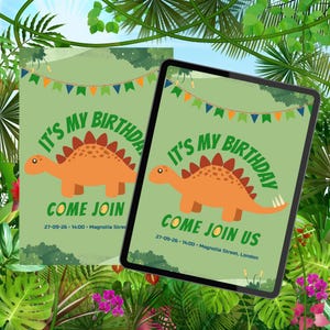 May include: Two birthday invitations with a dinosaur theme. The invitations are light green with an orange dinosaur illustration and the text "IT'S MY BIRTHDAY COME JOIN US". The invitations are surrounded by tropical foliage.