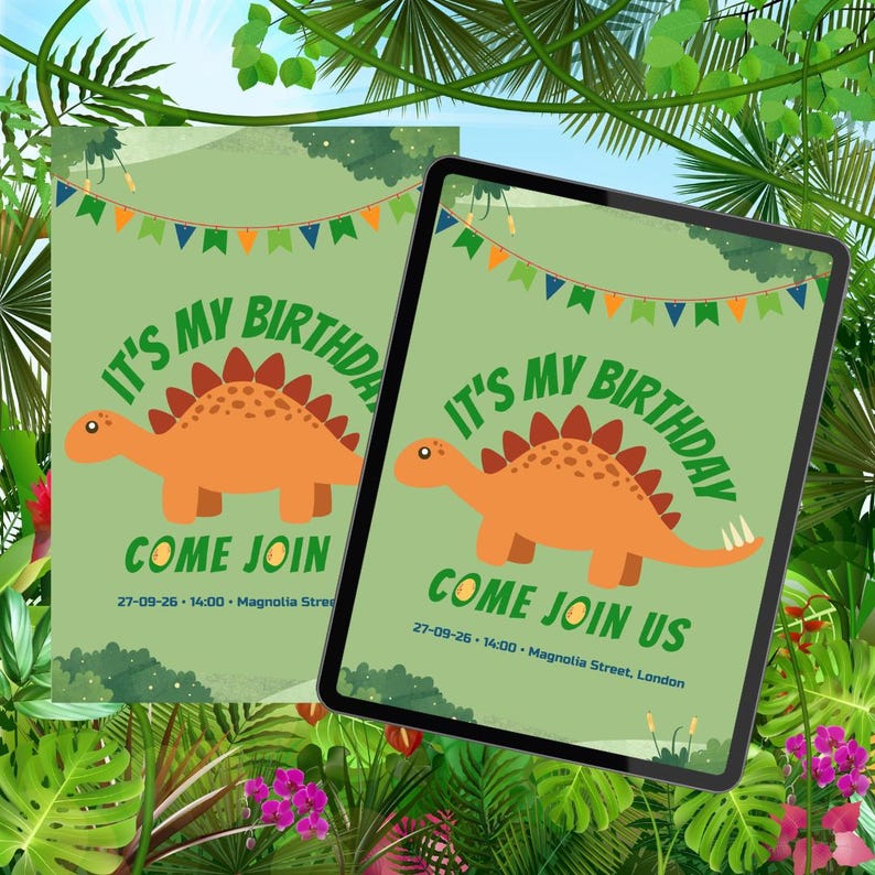 May include: Two birthday invitations with a dinosaur theme. The invitations are light green with an orange dinosaur illustration and the text "IT'S MY BIRTHDAY COME JOIN US". The invitations are surrounded by tropical foliage.