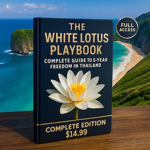 Peut inclure: Un livre à couverture rigide bleu foncé intitulé "The White Lotus Playbook" avec une illustration de fleur de lotus blanche. Le livre contient le texte "Complete Guide to 5-Year Freedom in Thailand" et un badge "Full Access".