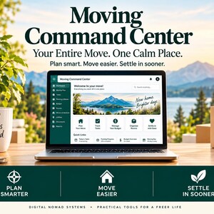Op de afbeelding: Een laptop toont een Moving Command Center dashboard met de tekst Your Entire Move. One Calm Place. Plan smart. Move easier. Settle in sooner. Een mok leest Good Moves Ahead, dozen lezen New Home New Adventures. Iconen tonen Plan Smarter, Move Easier, Settle in Sooner.