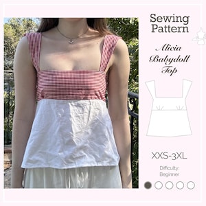 Puede incluir: Un top babydoll de cuadros rojos y blancos con cuello cuadrado y tirantes. El top se combina con pantalones de color claro. La imagen también incluye una ilustración de patrón de costura con el texto "Alicia Babydoll Top" y la talla XXS-3XL.