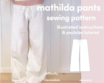 Cartamodello per pantaloni a gamba larga Mathilda, adatto ai principianti, tutorial illustrato (PDF)