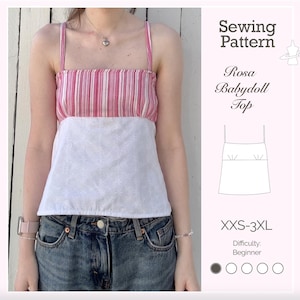 May include: A pink and white striped babydoll top with thin straps and a white floral patterned bottom. The top is paired with blue denim jeans. The image also includes a sewing pattern with the text "Rosa Babydoll Top" and sizing information.