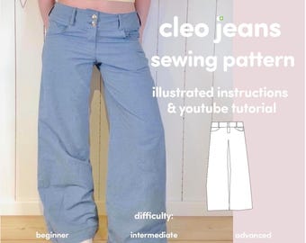 Cartamodello per jeans a gamba larga Cleo, adatto sia a principianti esperti, tutorial illustrato (PDF) + video tutorial