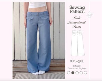 Cartamodello per pantaloni a gamba larga a vita bassa modello Leah (taglie dalla XXS alla 3XL) (PDF digitale)