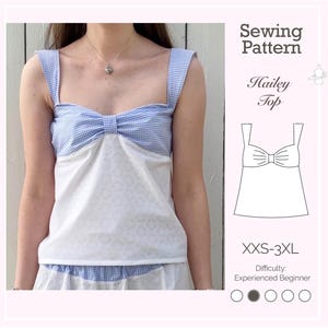 May include: A white and blue gingham top with a bow detail. The top features a white bodice with a subtle pattern and blue gingham straps. The image includes a sewing pattern graphic with the text "Hailey Top" and size range XXS-3XL.
