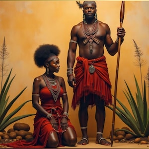 Zulu Couple Heritage Art Print – Traditional Regalia with Native Flora – African Cultural Wall Decor – Digital Download - Couple B