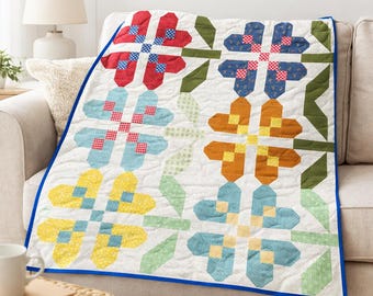 Wzór na kołdrę patchworkową z motywem kwiatowym | Narzuta „Płatki Ścieżek” (do pobrania w formacie PDF, 50 x 54 cale)