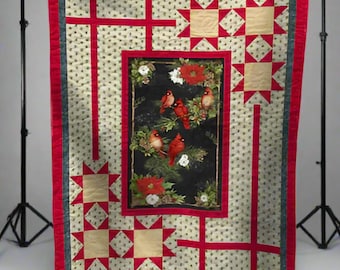Festive Gathering Quilt Pattern | Patchwork Cardinal Holiday Bed Quilt (PDF Download)