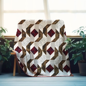 May include: A geometric quilt draped over a wooden bench. The quilt features a repeating pattern of brown, white, and burgundy diamond shapes and abstract designs. The quilt is made of fabric and has a red border. The background includes plants and a window.