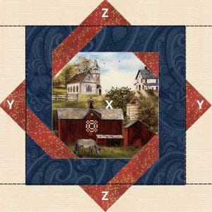 May include: A square quilt block featuring a central image of a rural scene with a red barn, white church, and grazing horse. The scene is framed by a blue paisley border and red diagonal strips, with white corner accents labeled 'Y' and 'Z'.