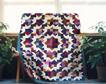 Cosmic Blossom Quilt Pattern | Floral Star Patchwork, Bed Size (Digital PDF Download)