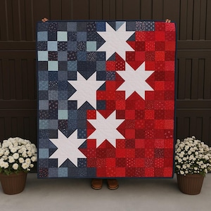 Americana Brilliance Quilt Pattern PDF | Patriotic Star Quilt Design | Lap, Twin, Queen, King | Scrappy Flag Style Digital Download
