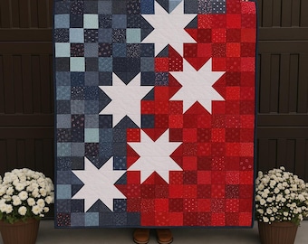 Americana Brilliance Quilt Pattern PDF | Patriotic Star Quilt Design | Lap, Twin, Queen, King | Scrappy Flag Style Digital Download