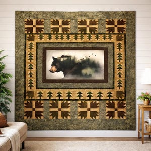 Bear Cabin Quilt Pattern | Rustic Forest, Wildlife Patchwork (Digital Download, 82x93 Throw Size)
