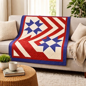 Patriotic Star Quilt Pattern | Red White Blue Americana (PDF Download, 76x100 Quilt Size ) image 1