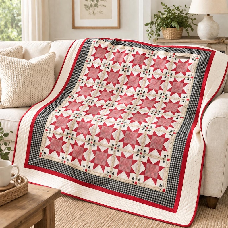 May include: A red and white star-patterned quilt with a black and white checkered border and a red trim. The quilt is draped over a white sofa, showcasing its intricate design and craftsmanship. The quilt is a cozy home decor item.