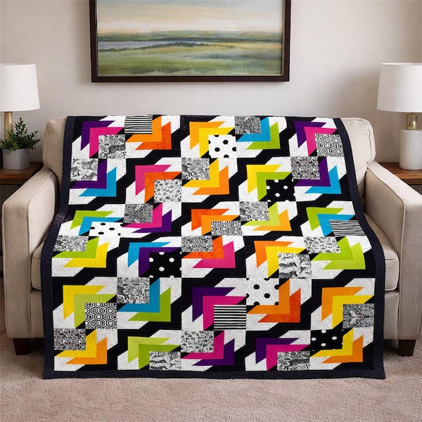 Padrão de colcha Rainbow Bliss | Patchwork colorido, design moderno (Download em PDF)