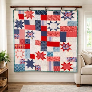 Galactic Melodies Quilt Pattern PDF | Patriotic Star Quilt | Red White Blue Patchwork Quilt Pattern | Large Throw | Bed Quilt – 82x98