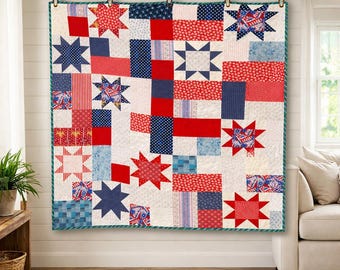 Patrón de colcha Melodías Galácticas (PDF) / Colcha Estrella Patriótica / Patrón de colcha Patchwork Rojo, Blanco y Azul / Manta Grande / Colcha de Cama - 82x98