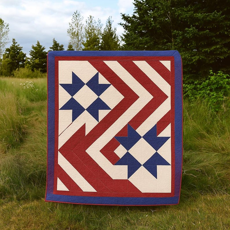 Patriotic Star Quilt Pattern | Red White Blue Americana (PDF Download, 76x100 Quilt Size ) image 5