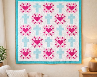 Heart & Cross Quilt Pattern | Patchwork Bed Quilt (PDF Download)