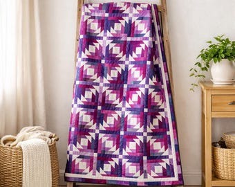 Purple Amethyst Quilt Pattern | Elegant King Size Patchwork Bed Quilt (PDF Download)