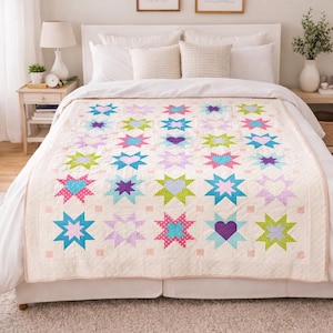 Heartfelt Stars Quilt Pattern | Patchwork Bed Quilt (PDF Download 80x94)