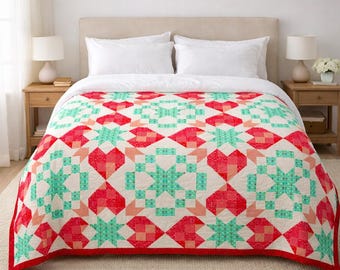 Modello per trapunta Blooming Hearts / Design patchwork di fiori romantici (download PDF)