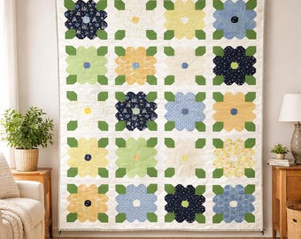 Quiltmuster „Immergrüne Blumen“ | Patchworkdecke mit Blumenmuster (147 x 183 cm) (PDF-Download)
