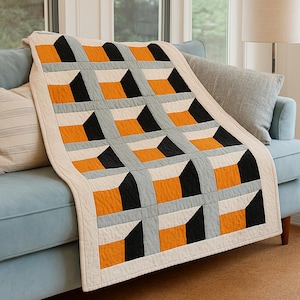 Trójwymiarowy geometryczny wzór na kołdrę | Nowoczesny projekt okna (do pobrania w formacie PDF, 63 x 97 cali, rozmiar podwójny/narzuta)