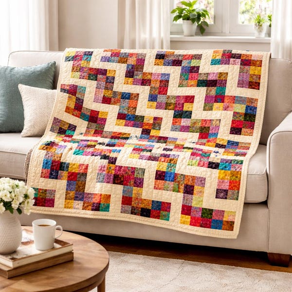 Radiant Steps Quilt Pattern | Geometric Patchwork Queen Bed Quilt (PDF Download)