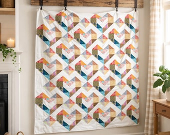 ラブコネクションキルトパターンPDF | ロマンティックハートキルト | スローサイズ 51 x 66 | バレンタインキルトパターン | パッチワークキルト | 即時ダウンロード