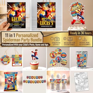 Pu&ograve; includere: Un set per feste personalizzato a tema Spiderman che include inviti, decorazione per torta, decorazioni per cupcake, etichette regalo, etichetta per succo, sacchetto per snack, striscione di compleanno ed etichette per bottiglie d'acqua.