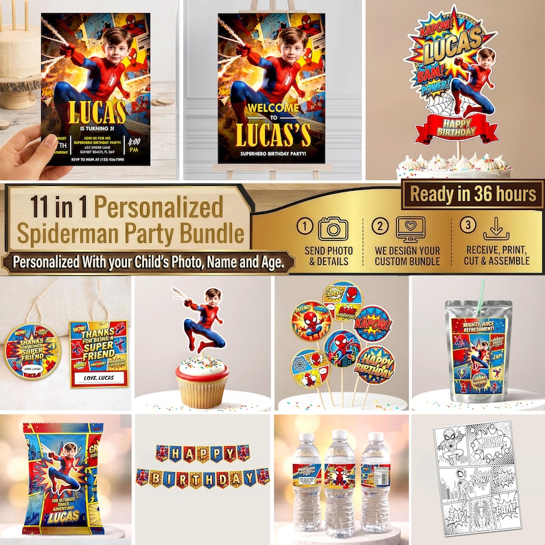 Pu&ograve; includere: Un set per feste personalizzato a tema Spiderman che include inviti, decorazione per torta, decorazioni per cupcake, etichette regalo, etichetta per succo, sacchetto per snack, striscione di compleanno ed etichette per bottiglie d'acqua.