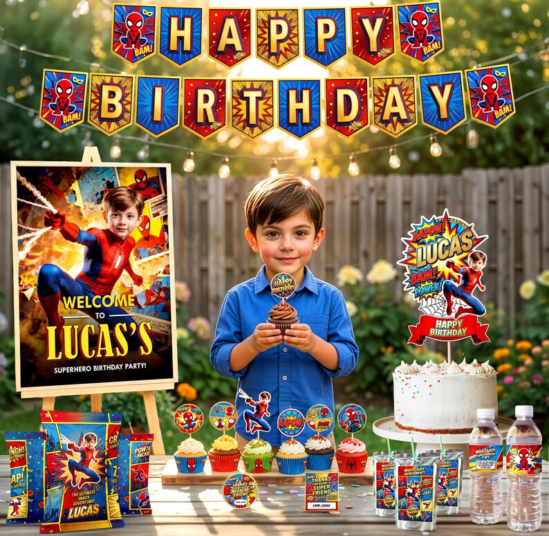 Pu&ograve; includere: Un set per feste di compleanno a tema supereroi che include uno striscione 'HAPPY BIRTHDAY', un cartello di benvenuto per Lucas, un topper per torta con il nome Lucas, topper per cupcake e sacchetti per snack con grafiche di Spider-Man.