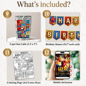 Pu&ograve; includere: Un set digitale per feste che include un'etichetta per sacchetto di succo da 8,9 x 12,7 cm con grafiche di supereroi, uno striscione di compleanno con cartoncini da 12,7 x 17,8 cm, una pagina da colorare A4 e un invito digitale per cellulare.