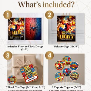 Pu&ograve; includere: Un set digitale per feste con un invito di 12,7x17,8 cm a tema supereroi, un cartello di benvenuto di 40,6x50,8 cm, due etichette di ringraziamento di 5,1x5,8 cm e 5,1x5,1 cm e sei decorazioni per cupcake da 5,1x5,1 cm.