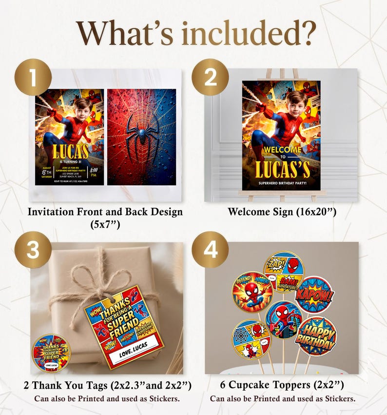 Pu&ograve; includere: Un set digitale per feste con un invito di 12,7x17,8 cm a tema supereroi, un cartello di benvenuto di 40,6x50,8 cm, due etichette di ringraziamento di 5,1x5,8 cm e 5,1x5,1 cm e sei decorazioni per cupcake da 5,1x5,1 cm.